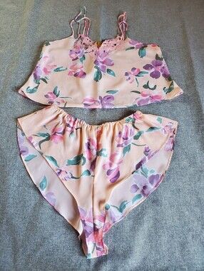 Vintage Victoria's Secret Gold Label Floral Satin Cami Shorts Pajama Romantic